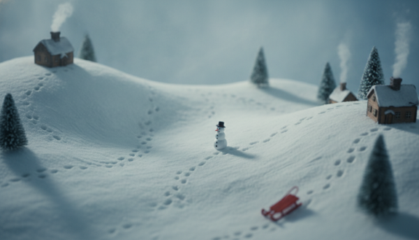 Photographie macro d'un diorama de modélisme montrant une texture de neige épaisse sculptée à la main avec des reliefs et des empreintes de pas miniatures, lumière douce d'hiver, détails ultra-réalistes.