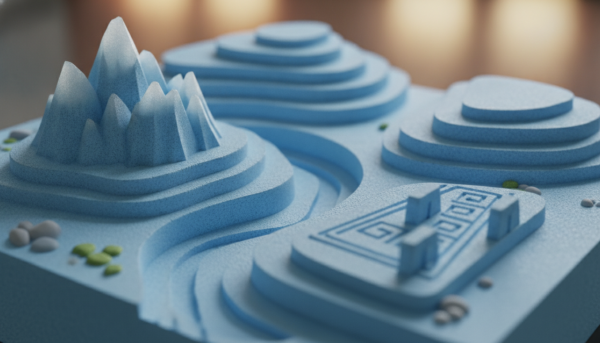Photographie macro d'une base de diorama en mousse de polystyrène haute densité montrant des reliefs sculptés à différentes hauteurs, éclairage studio doux montrant les textures de mousse.