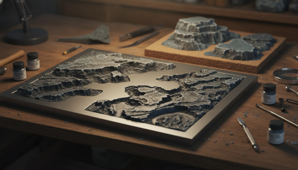 Photographie macro d'une plaque à graver pour diorama de haute qualité, montrant des textures de roche réalistes, couleur gris neutre, matériel de modélisme professionnel sur un établi en bois.
