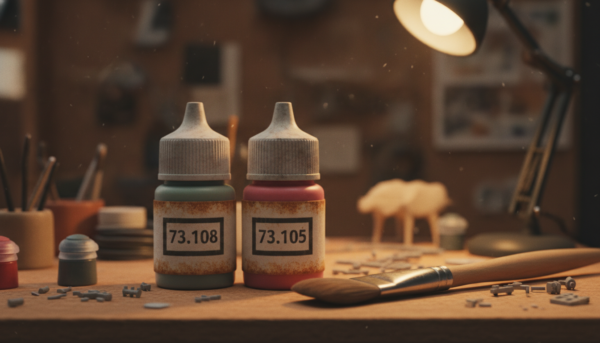Photographie macro de flacons de pigments de vieillissement professionnels 73.108 et 73.105 posés sur un établi de modélisme avec un pinceau souple, ambiance atelier créatif, haute résolution.