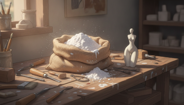 Photographie réaliste d'un sac de plâtre super fin ouvert sur un établi en bois rustique, entouré d'outils de modelage et d'une petite sculpture blanche, lumière naturelle d'atelier, 4k.