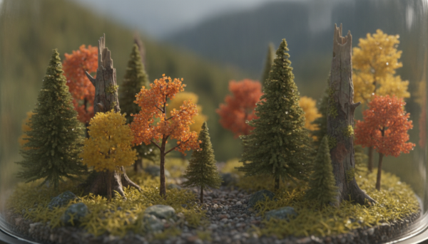 Photorealistic macro photography of realistic miniature mountain trees on a diorama, various species of tiny conifers and deciduous trees, hyper-detailed bark and foliage textures, cinematic soft natural lighting, high-quality scale model scenery.