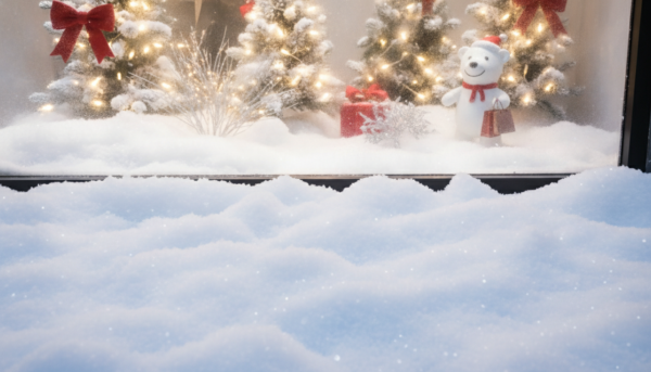 Photorealistic view of a professional thick white snow carpet covering a large boutique floor, soft fluffy texture, festive winter display background, high resolution.