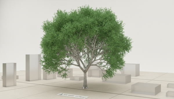 Scale model tree created from photo-etched metal, intricate branch structure, covered in fine green flocking, professional architectural model style.