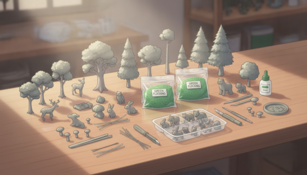 Un kit complet de modélisme pour forêt miniature incluant des arbres variés, des sachets de flocage vert et des petits animaux des bois, disposé sur un plan de travail en bois clair, éclairage doux et professionnel.