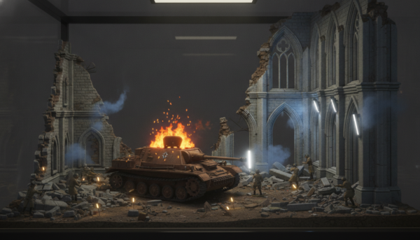 Un kit d'éclairage LED miniature installé dans un diorama de combat détaillé, incluant des effets de feu orangés dans un char Stug et des lumières blanches froides sur des ruines, ambiance cinématographique haute définition.