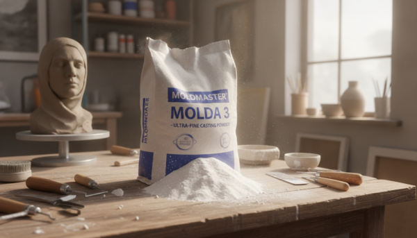 Un sac de poudre Moldmaster Molda 3 ouvert sur un établi en bois dans un atelier d'artiste lumineux, texture de poudre blanche ultra-fine, outils de modelage à côté, style photoréaliste.