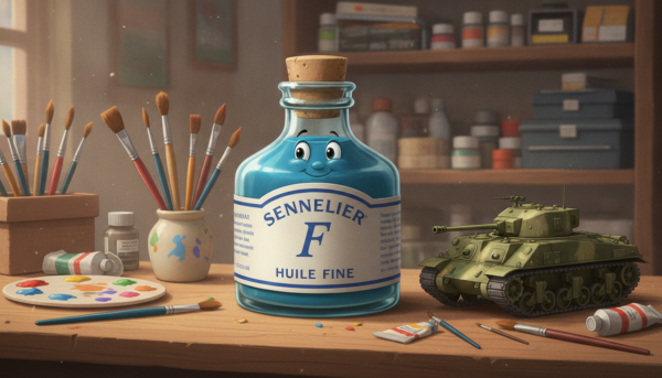 Une bouteille d'essence F Sennelier posée sur un établi de modélisme avec des pinceaux et une maquette de char de combat.