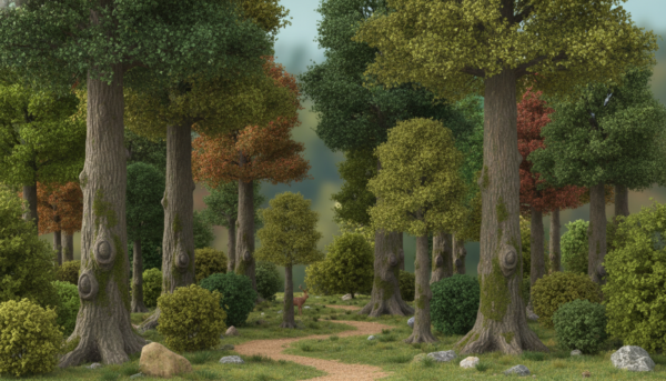 Une forêt miniature dense composée d'arbres de différentes tailles allant de 35mm à 150mm, échelle HO, avec des détails réalistes sur les troncs et les feuilles, fond flou.