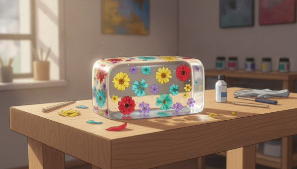Une image réaliste d'une création en résine époxy transparente capturant des fleurs séchées colorées à l'intérieur, posée sur un établi en bois de créateur, éclairage naturel doux.