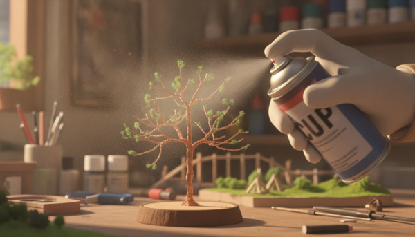 Une main d'artisan pulvérisant une fine brume de colle aérosol sur les branches d'un arbre miniature en fil de fer, arrière-plan d'atelier de modélisme flou, éclairage chaleureux, haute résolution.