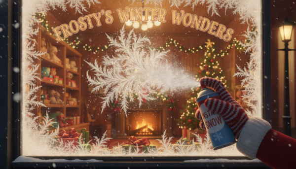 Une main vaporisant un spray de neige artificielle sur une vitrine de magasin, créant des motifs de cristaux de givre réalistes et élégants, ambiance de Noël chaleureuse, haute résolution.