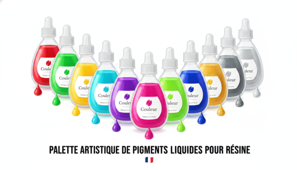 Une palette de pigments liquides vibrants pour résine, bouteilles transparentes avec gouttes de couleurs intenses, fond blanc épuré, style e-commerce France.