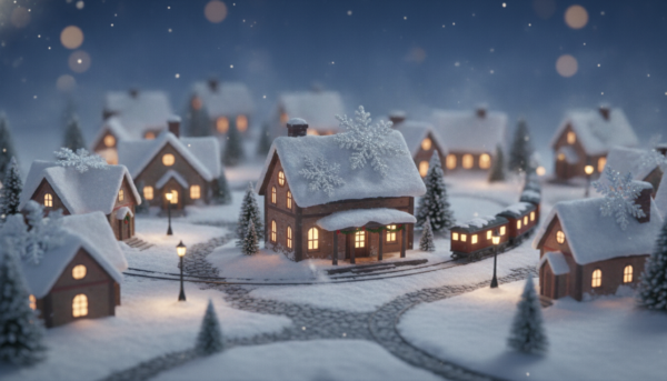 Une scène de village de Noël miniature en gros plan, saupoudrée d'une fine couche de neige poudre et de gros flocons de neige scintillants sur les toits, éclairage chaleureux de fin de journée, réalisme cinématographique.