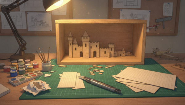 Une table de travail de modéliste avec un cutter de précision, des feuilles de balsa, des pots de peinture acrylique et une boîte en bois servant de structure pour un diorama en perspective forcée, éclairage chaleureux d'atelier.