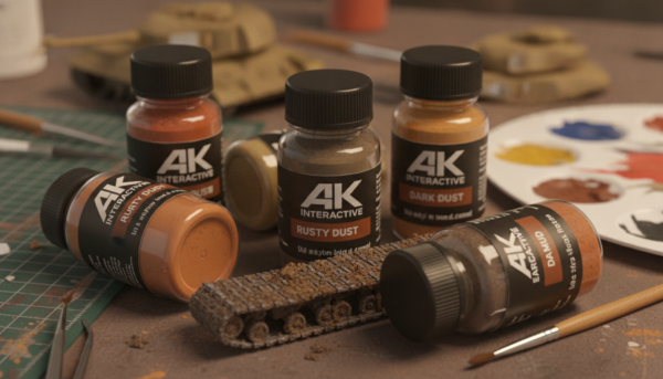 Une vue macro réaliste de flacons de pigments AK Interactive aux teintes terreuses et rouille posés sur un plan de travail de modéliste, avec un pinceau fin et une chenille de char miniature texturée, éclairage de studio doux, profondeur de champ cinématographique.