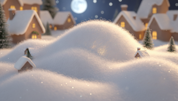 Une vue rapprochée de neige artificielle en fibre créant une congère volumineuse et réaliste sur un décor de village de Noël, texture douce et aérienne, éclairage chaleureux de studio.
