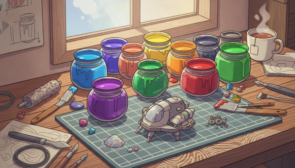 Vue d'ensemble artistique de plusieurs pots de peinture acrylique dry brush modélisme disposés sur un établi de créateur avec des pigments colorés.