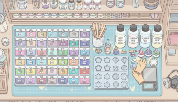 Vue de dessus d'un atelier de loisirs créatifs bien organisé avec des récipients propres, des spatules en bois, des moules en silicone de différentes formes et des flacons de résine transparente sur un plan de travail protégé.