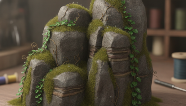 Vue macro d'un rocher de diorama miniature réaliste orné de fibre statique vert mousse et de petites plantes artificielles grimpantes dans les fissures, éclairage naturel de studio, détails ultra-précis.