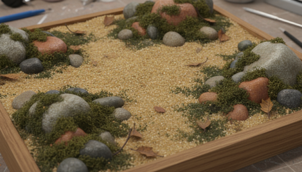 Vue rapprochée de la texture d'un sol de diorama réaliste avec du sable fin, des petits graviers et de la mousse, tons terreux, ultra détaillé, maquettisme professionnel.