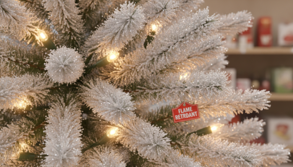 Vue rapprochée de neige artificielle ignifugée saupoudrée sur les branches d'un sapin de Noël illuminé dans un magasin, texture réaliste et brillante, ambiance sécurisée et chaleureuse, haute définition.