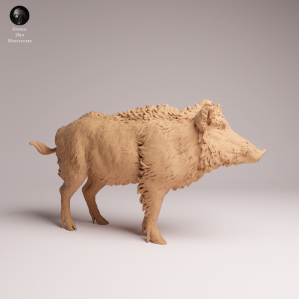 Figurine de sanglier sauvage à peindre vue de profil gauche, montrant les détails impressionnants de sa fourrure dense et de ses petits sabots sur une résine beige mate.