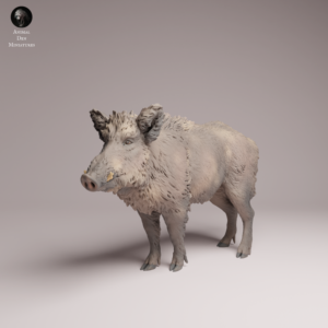 Exemple de mise en situation d'un sanglier réaliste pour jeu de plateau, minutieusement peint avec des nuances de brun et de gris pour un rendu naturel.