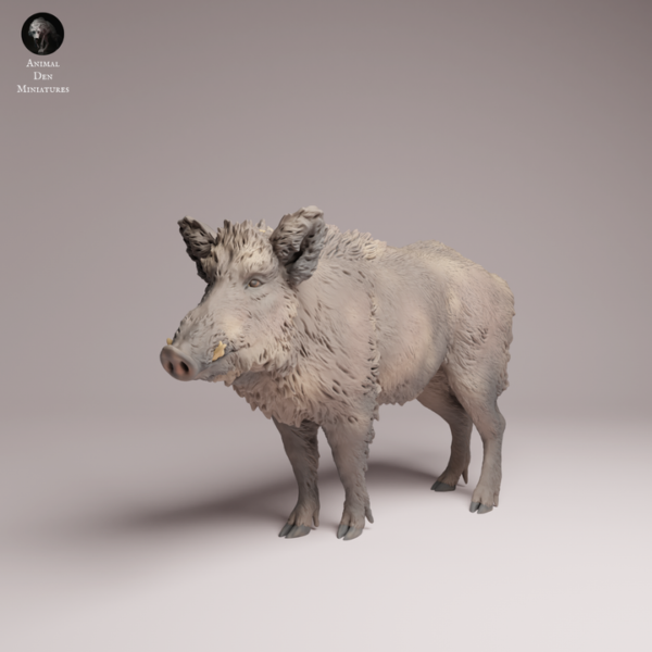 Exemple de mise en situation d'un sanglier réaliste pour jeu de plateau, minutieusement peint avec des nuances de brun et de gris pour un rendu naturel.