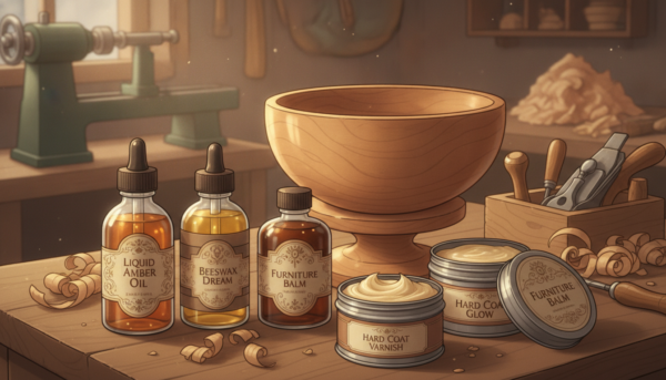A beautifully arranged selection of finishing products for turned wood, including various oils, waxes, and varnishes. The foreground features an assortment of elegantly labeled bottles and tins, with textures that showcase the richness of the materials. In the middle, a polished piece of turned wood gleams under warm, soft lighting, highlighting its intricate details and craftsmanship. The background is a blurred workshop setting with tools and wood shavings, evoking a sense of artistry and dedication. The atmosphere is warm and inviting, emphasizing the importance of care and precision in wood finishing. The scene is captured from a slightly angled perspective to create depth, evoking a welcoming and professional mood.