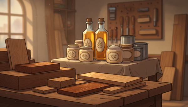 A beautifully arranged still-life display focused on wood finishing products, including bottles of oils, jars of wax, and cans of varnish. In the foreground, showcase a variety of wood pieces, highlighting the rich textures and grains. The middle section should feature an elegant selection of finishes, with labels visible but without text. In the background, a softly blurred workshop setting provides context, with tools and wooden surfaces softly illuminated. Natural lighting filters through a nearby window, creating warm reflections and highlighting the sheen of the finishes. The atmosphere is inviting and professional, conveying a sense of craftsmanship and expertise in wood finishing techniques.