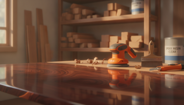 A beautifully crafted wooden table displaying the benefits of epoxy resin application. In the foreground, a close-up shot of a wooden surface featuring a clear, glossy layer of epoxy resin that enhances the grain and color of the wood, showcasing its shine and depth. The middle ground includes various woodworking tools, such as a sander and a brush, arranged neatly, suggesting a crafting workspace. In the background, softly blurred shelves filled with different types of wood and epoxy resin containers. The atmosphere is warm and inviting, illuminated by soft, natural light filtering through a window, casting gentle shadows. The image captures a sense of craftsmanship, highlighting the enduring beauty and protective qualities of epoxy resin for wood.