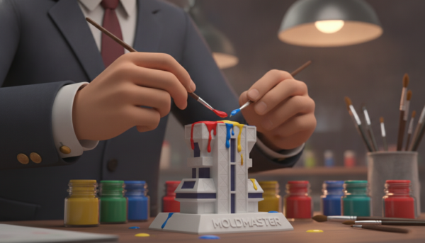 A close-up photograph of a creator's hands delicately painting a white Moldmaster architectural model with vibrant acrylic paints, small brushes and professional workshop lighting, soft focus background with colorful paint pots.