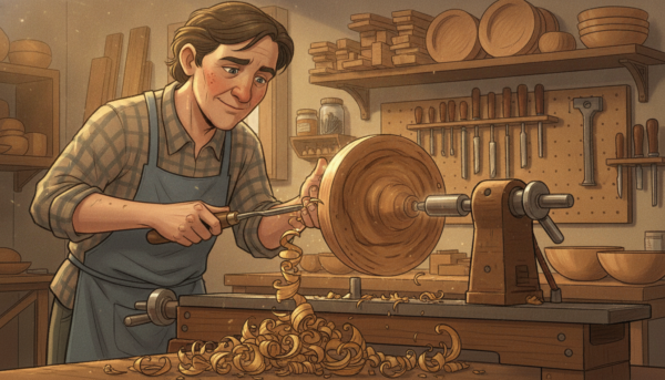 A close-up view of a skilled artisan engaged in woodturning on a lathe, highlighting their hands expertly shaping a beautifully grained wooden bowl. The foreground captures the intricate details of the wood shavings cascading down, glistening under warm overhead lighting. In the middle ground, the artisan is focused, wearing modest casual clothing, demonstrating concentration and artistry. The lathe is visible with its polished surfaces reflecting soft light, surrounded by an array of woodturning tools. The background features a cozy workshop filled with shelves of wooden blanks and assorted tools. The atmosphere is warm and inviting, evoking a sense of craftsmanship and creativity, focusing on the tactile beauty of the wood and the artisan's skill.