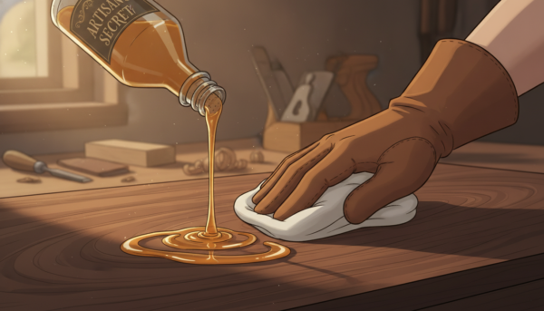 A close-up view of a wooden surface being treated with friction polish, showcasing the action of the polish being poured from a small, elegant bottle. In the foreground, the bottle is slightly tilted, with a glossy sheen dripping onto the dark, rich wood grain. The middle layer includes an artisan's hand, gloved, expertly applying the polish with a soft cloth, emphasizing precision and care. In the background, a blurred workshop setting hints at woodworking tools and supplies, softly illuminated by warm, natural lighting that creates a cozy, inviting atmosphere. The focus is sharp on the polish and wood, capturing the meticulous details and enhancing the sense of craftsmanship. The overall mood evokes a serene dedication to the art of woodworking.