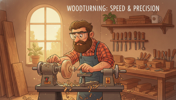 A cozy woodworking workshop featuring a skilled woodturner focused on crafting a beautiful wooden bowl on a lathe. In the foreground, the lathe is shown with finely detailed wood shavings scattered around. The woodturner, dressed in a modest plaid shirt and safety glasses, is carefully adjusting the rotation speed of the lathe, emphasizing a sense of concentration and craftsmanship. The middle ground reveals various woodworking tools neatly organized on a bench, with vibrant wood textures and patterns highlighting the artistry of the craft. In the background, warm natural light filters through a window, creating a soft, inviting atmosphere. The entire scene encapsulates the essence of woodturning and the precision of managing lathe speeds, ideal for readers seeking to understand its basics.