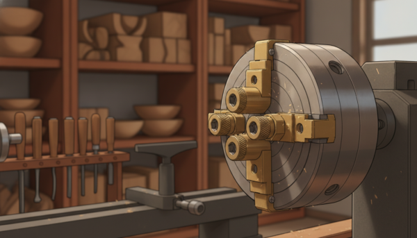 A detailed close-up image of a wood lathe chuck (mandrin pour tour bois), showcasing its complex metal structure with precision grips and screws. The foreground highlights the chuck, emphasizing the textures and metallic sheen under soft, warm lighting. In the middle, a blurred wood lathe bench with neatly arranged woodturning tools appears, indicating an organized workspace. The background features shelves lined with timber blocks, creating an atmosphere of craftsmanship and creativity. The overall mood is focused yet inviting, encouraging exploration of woodworking. Capture this scene from a slightly elevated angle with a shallow depth of field, enhancing the prominence of the chuck as the central subject.
