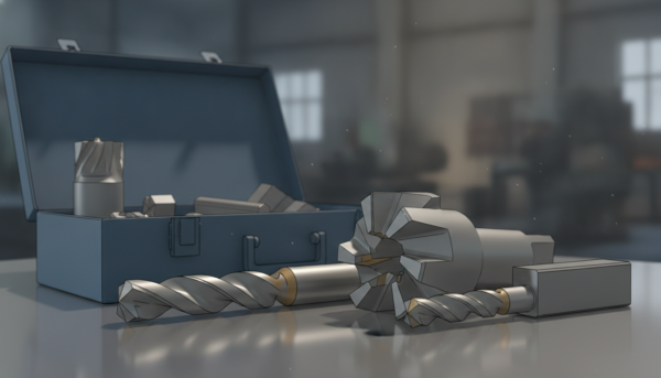 A detailed close-up of high-speed steel (HSS) tools showcasing their unique characteristics. In the foreground, various HSS cutting tool shapes—such as drills, end mills, and lathe tools—are arranged over a polished metallic surface, highlighting their sharp edges and intricate designs. The middle ground features a subtle, blurred toolbox filled with other machining tools, emphasizing the precision and versatility of HSS materials. The background softly fades into a workshop environment, with dim ambient lighting creating a focused yet industrial atmosphere. The scene captures a sense of professionalism and craftsmanship, ideal for educating readers about the properties of HSS steel tools. The image should avoid any people and text elements, ensuring a clean and clear representation of the subject matter.