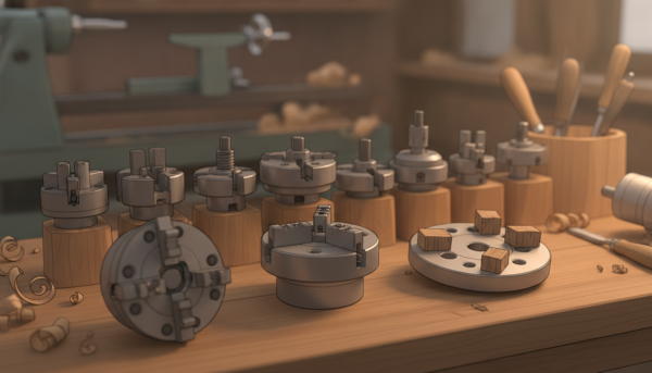 A detailed collection of various types of wood lathe chucks displayed on a wooden workbench. In the foreground, a close-up of three distinct chucks: a scroll chuck with jaws open, a four-jaw chuck with its precision gripping mechanism visible, and a faceplate with wood pieces attached. In the middle ground, a set of chucks organized neatly, showcasing their varied sizes and designs. The background features a slightly blurred workshop setting, with wooden shavings and tools to enhance the atmosphere. The lighting is warm and inviting, highlighting the textures of the wood and metal. Use a shallow depth of field to keep the focus on the chucks, creating a professional and informative look.