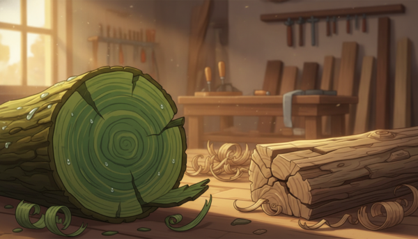A detailed comparison image illustrating green wood and dry wood side by side. In the foreground, prominently feature a cross-section of a freshly cut log displaying vibrant green hues, moisture droplets, and a rough texture. Next to it, place a piece of dry wood with a weathered appearance, showcasing its cracked surface and muted tones. In the middle ground, include wood shavings scattered lightly around both pieces for context. The background should display a soft-focus wood workshop environment, illuminated by warm, natural light coming through a window, highlighting the textures of the wood. The atmosphere should evoke a sense of craftsmanship and attention to detail, ideal for showcasing the differences between the two types of wood.