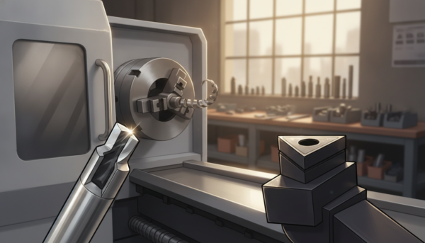 A detailed comparison scene showcasing high-speed steel (HSS) and carbide inserts as essential tools for turning in modern machining. In the foreground, display a shiny HSS tool with a clearly visible cutting edge, set beside a sleek carbide insert, both mounted on precision tool holders. The middle ground features a realistic lathe machine, emphasizing its intricate components and functionality, with smooth, polished metal surfaces reflecting light. The background should include a softly blurred workshop environment with shelves of tools and raw materials, illuminated by warm, natural light coming from large windows. The atmosphere is one of professionalism and innovation, highlighting the importance of material choice in machining processes. Use a shallow depth of field to bring focus to the tools while creating a sense of depth in the space.