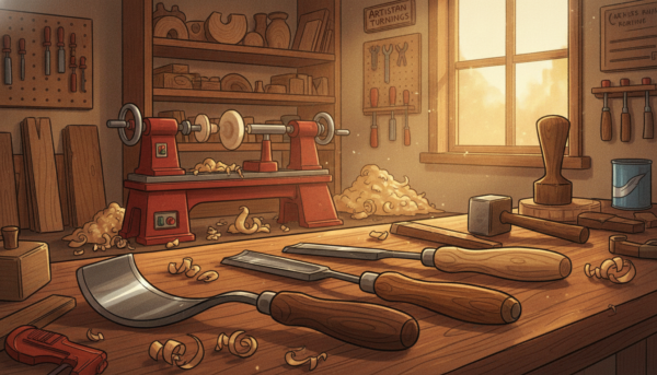 A detailed composition showcasing various types of woodturning gouges arranged artistically on a wooden workbench. In the foreground, highlight the sharp blades of a bowl gouge, spindle gouge, and parting tool, with their distinctive shapes and polished finishes glimmering under soft natural light. In the middle ground, include a rustic lathe and wood shavings scattered around, emphasizing the crafting process. In the background, subtly display a warm workshop environment with shelves of wood, tools, and a window allowing golden hour sunlight to filter through. The mood should be warm and inviting, reflecting a creative and artisan atmosphere, ideal for woodturning enthusiasts. Focus on rich textures and colors that evoke craftsmanship and tradition.