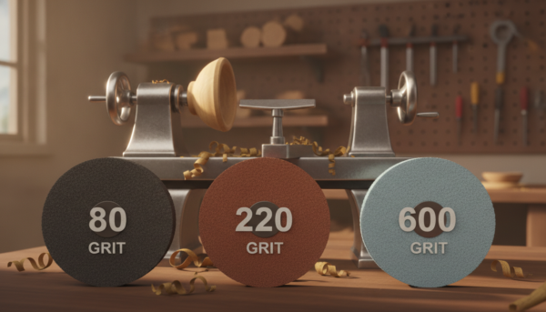 A detailed, high-resolution image capturing the concept of "grit selection for woodturning grinding wheels." In the foreground, showcase a variety of grinding wheels with different textures and grits, each labeled with clear, contrasting numbers to indicate their coarseness. The middle ground should feature an elegant woodturning lathe, polished and ready for use, with shavings scattered artistically around. In the background, a softly blurred workshop environment complete with wooden tools and shelves of timber provides context. The warm, natural lighting enhances the wooden textures, creating a focused and professional atmosphere. The lens should capture the scene from a slightly elevated angle, inviting viewers into the craftsman’s workspace. The overall mood is focused and serene, evoking the precision and artistry involved in optimal sharpening practices.