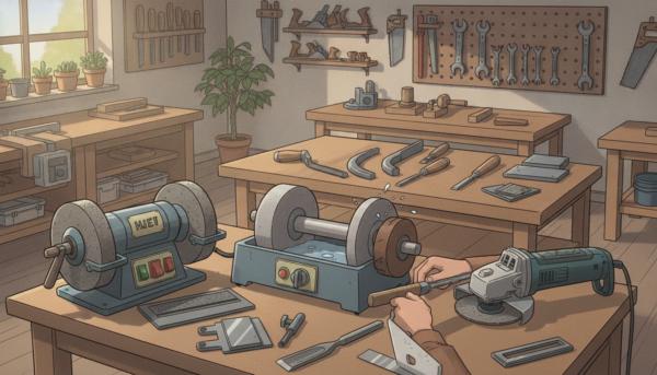 A detailed illustration showcasing various types of grinding wheels, or "touret à meuler", in a workshop setting. In the foreground, display three distinct models of grinding wheels: a bench grinder with dual grinding stones, a specialized wet grinder for delicate tools, and a portable hand-held grinder. The middle ground should include tools and accessories for sharpening gouges, demonstrating their practical use. In the background, a well-lit workshop environment with wooden workbenches and organized tool racks enhances the scene, creating a professional atmosphere. Use soft, natural lighting to highlight the textures of the grinding wheels, and employ a slightly elevated angle to give a comprehensive view of the different types. Aim for a clean, informative, and inviting mood, suitable for an educational article.