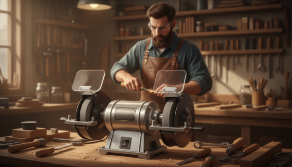 A detailed, realistic representation of a bench grinder (touret à meuler) set in a workshop environment. In the foreground, the grinder, with its shiny metal surface and two rotating grinding wheels, showcases its essential components such as the tool rests and adjustable eye shields. The middle ground features a skilled artisan, dressed in professional work attire, attentively sharpening a chisel, highlighting the grinder's practical application. The background reveals shelves filled with various tools, wooden workpieces, and soft warm lighting casting gentle shadows, creating an inviting, focused atmosphere. A slight depth of field brings the grinder into sharp focus while the artisan remains slightly blurred, emphasizing the tool's importance in the sharpening process. The image conveys a sense of craftsmanship and precision, embodying the role of the bench grinder in tool maintenance.