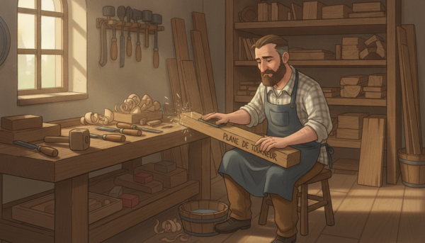 A detailed scene showing the preparation of the back of a wood lathe tool, known as the "plane de tourneur." In the foreground, a skilled craftsman in modest casual clothing is meticulously working on a wooden board, carefully sharpening the tool's edge with a whetstone. The middle ground features a workbench cluttered with various woodworking tools—chisels, sanding blocks, and wood shavings scattered around. Natural light streams in from a nearby window, casting soft shadows across the workspace, creating a warm and focused atmosphere. The background displays shelves filled with different types of wood and tools, emphasizing the craftsmanship involved in woodturning. The overall mood is one of dedication and artistry, showcasing the respectful preparation essential for mastering this woodworking technique.