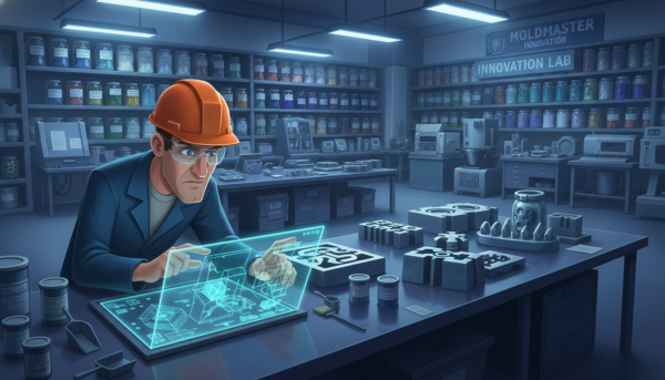 A detailed workshop scene focused on the intricate process of molding complex shapes using Moldmaster powders. In the foreground, showcase a skilled technician wearing a safety helmet and professional work attire, carefully examining a detailed mold design on a computer screen. The middle ground features a collection of high-precision molds on a workbench, with bright lighting highlighting their intricate details. In the background, include shelves filled with various powder materials and molding equipment, softly illuminated to create an organized and professional atmosphere. The overall mood should reflect innovation and craftsmanship, with a clean and modern aesthetic. Use a wide-angle perspective to capture the depth of the workspace, enhancing the sense of activity and expertise in the environment.