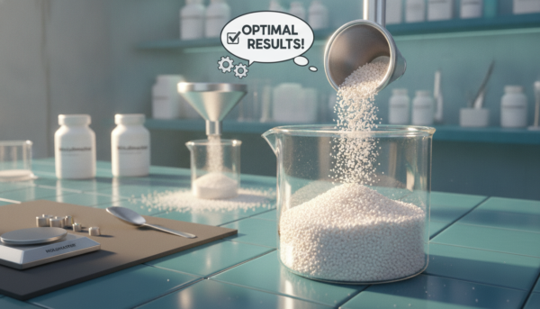 A high-quality close-up image of Moldmaster powder being prepared for application, showcasing fine particles in a clean, organized workspace. In the foreground, a transparent container is filled with the powder, reflecting light, while a set of precise measuring tools lies beside it. The middle ground features a smooth surface with scattered powder and a stylized pouring funnel, emphasizing the process of achieving optimal results. The background is softly blurred, hinting at a bright, well-lit laboratory setting with shelves displaying more Moldmaster products and tools. The atmosphere is professional and focused, captured in warm natural lighting, with a macro lens angle to highlight the textures and details of the powder and tools.
