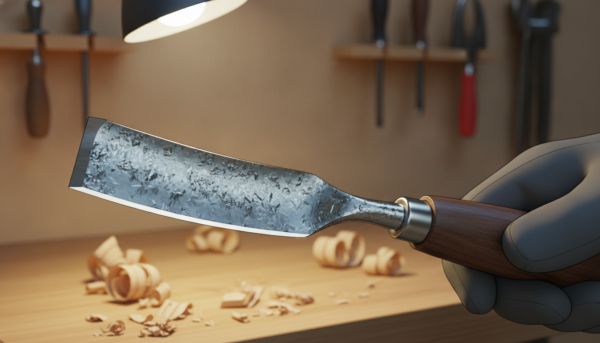A high-quality macro photograph of a Thompson woodturning gouge, showing the unique texture of cryogenic powder steel and its razor-sharp edge, professional workshop lighting, wooden background with shavings.