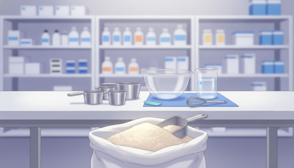 A high-quality professional-grade molding powder displayed prominently in the foreground, with a realistic texture showing its fine granules and subtle sheen. In the middle ground, include a well-organized workstation featuring tools like measuring cups, a mixing bowl, and water, all in a clean, well-lit environment. The background should depict a soft-focus lab setting with shelves lined with other molding supplies, enhancing the professional atmosphere. The lighting is bright and even, casting soft shadows that highlight the details of the powder and tools. The overall mood conveys precision and professionalism, inviting viewers to appreciate the meticulous nature of mold preparation and usage. The image should be devoid of any text or branding, focusing purely on the visual aspect of the molding powder and its context.